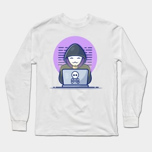 Masked hacker operating a laptop cartoon Long Sleeve T-Shirt